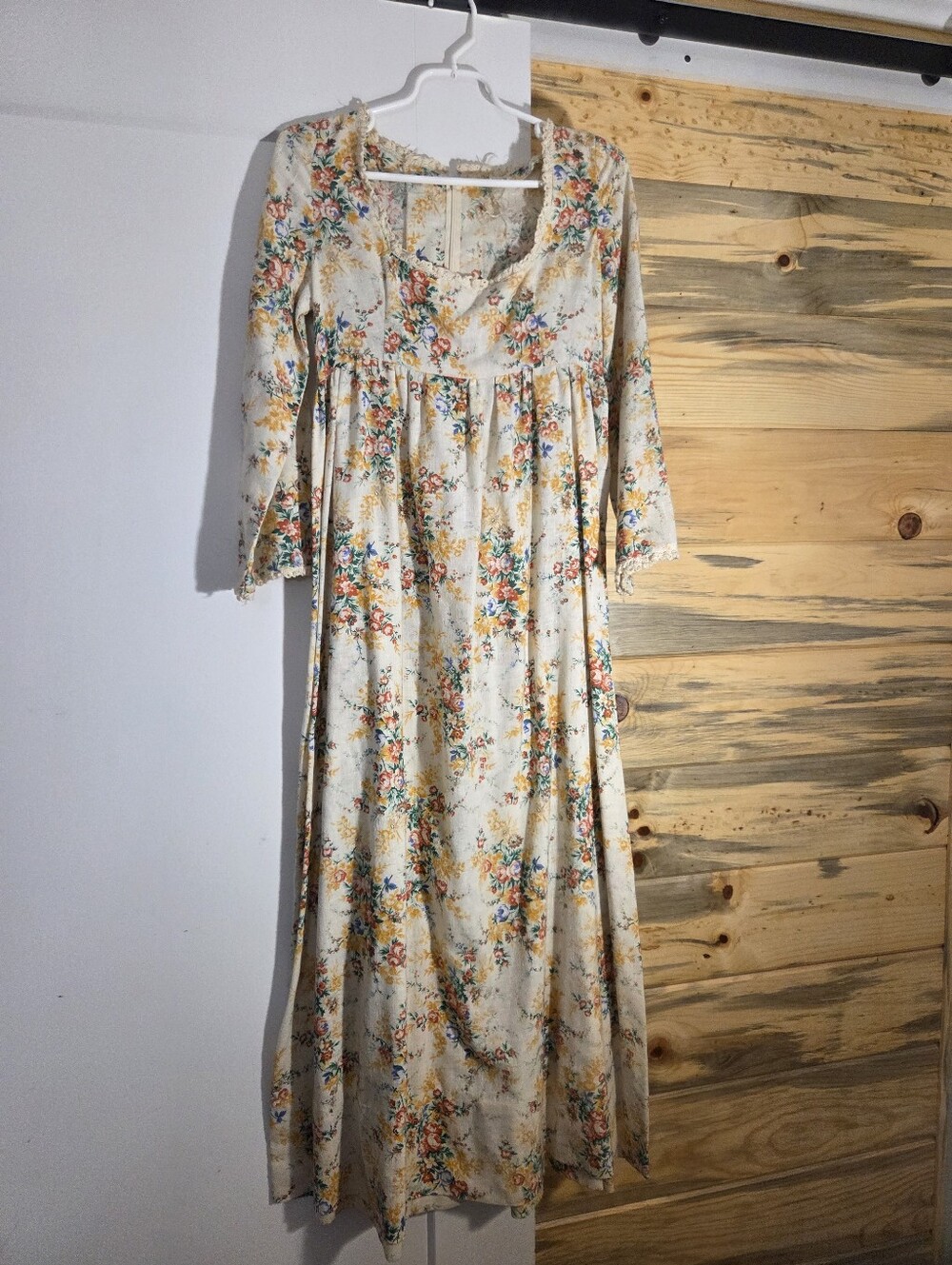 Vintage Hand Made Empire Waist Prairie Peasant Floral Dress Period Piece Pioneer